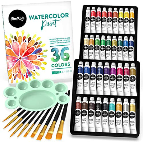 Chalkola Watercolor Paint Set for Adults, Kids, Beginner & Professional Artists - 36 Watercolor Tubes Set (12ml, 0.4oz), 10 Painting Brushes & 1 Chalkola