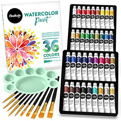 Chalkola Watercolor Paint Set for Adults, Kids, Beginner & Professional Artists - 36 Watercolor Tubes Set (12ml, 0.4oz), 10 Painting Brushes & 1
