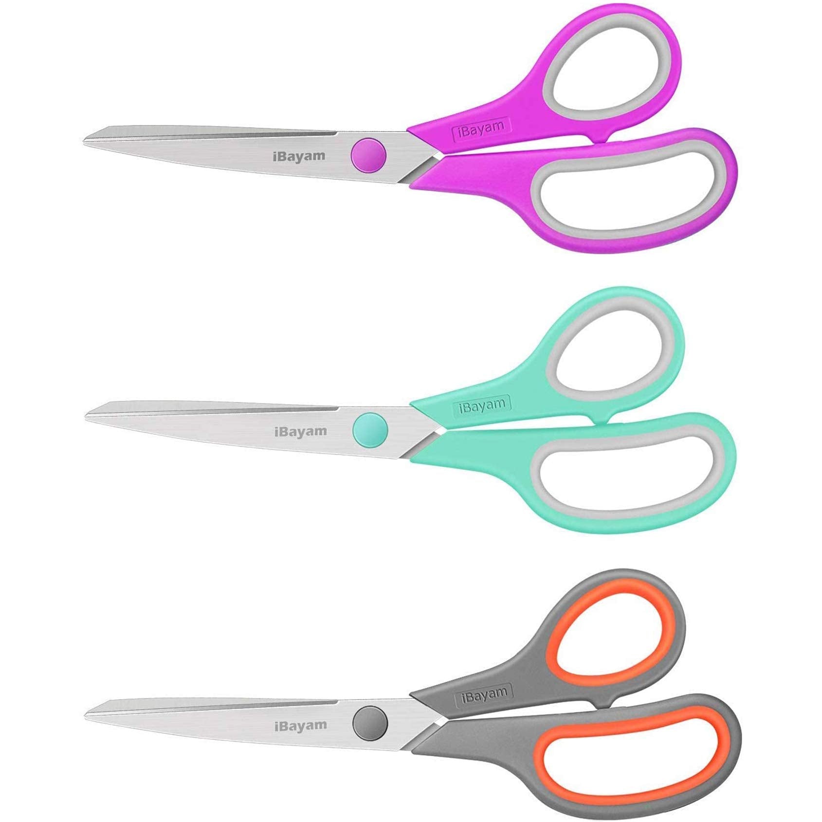 Scissors, iBayam 8" All Purpose Scissors Bulk 3-Pack, Ultra Sharp 2.5mm Thick Blade Shears Comfort-Grip Scissors for Office Desk Accessories Sewing - WoodArtSupply