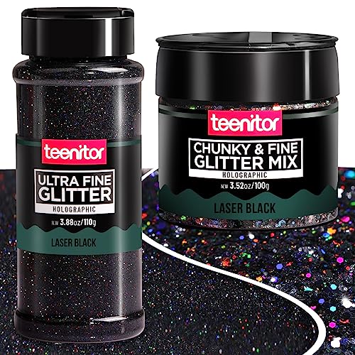 Holographic Ultra Fine Glitter and Chunky Glitter, Teenitor Craft Glitters with 110g Resin Glitter Powder Sequins and 100g Metallic Iridescent Chunky Teenitor