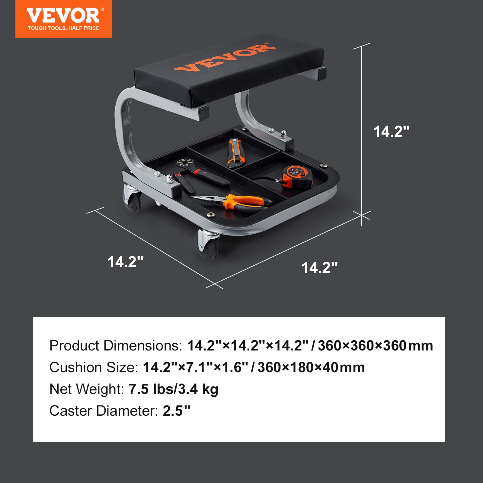 VEVOR Rolling Creeper Garage/Shop Seat, 250 LBS Capacity Padded Rolling Workshop Stool with Tool Tray Storage, Mechanic Stool for Garage, Shop, Auto - WoodArtSupply