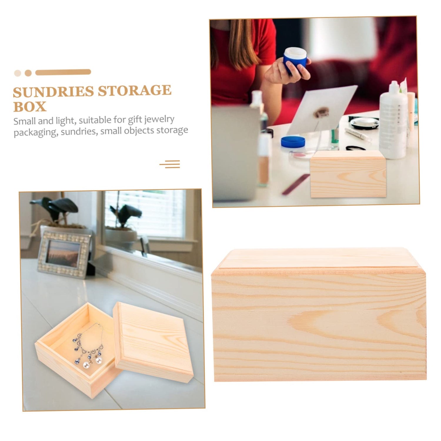 VILLCASE 3 Pcs Wooden Storage Box Desktop Jewelry Organizer Tray Storage Cubes with Lid Chest Treasure Case Unfinished Wood Crate Trinket Storage VILLCASE