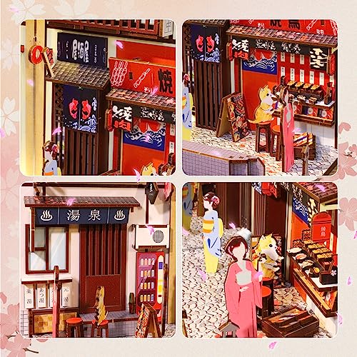 Hallisun DIY Book Nook Kit 3D Wooden Puzzle for Adults, Bookshelf Insert Decor Sakura Town with LED Light Music Box, Bookend Building Set Miniature - WoodArtSupply