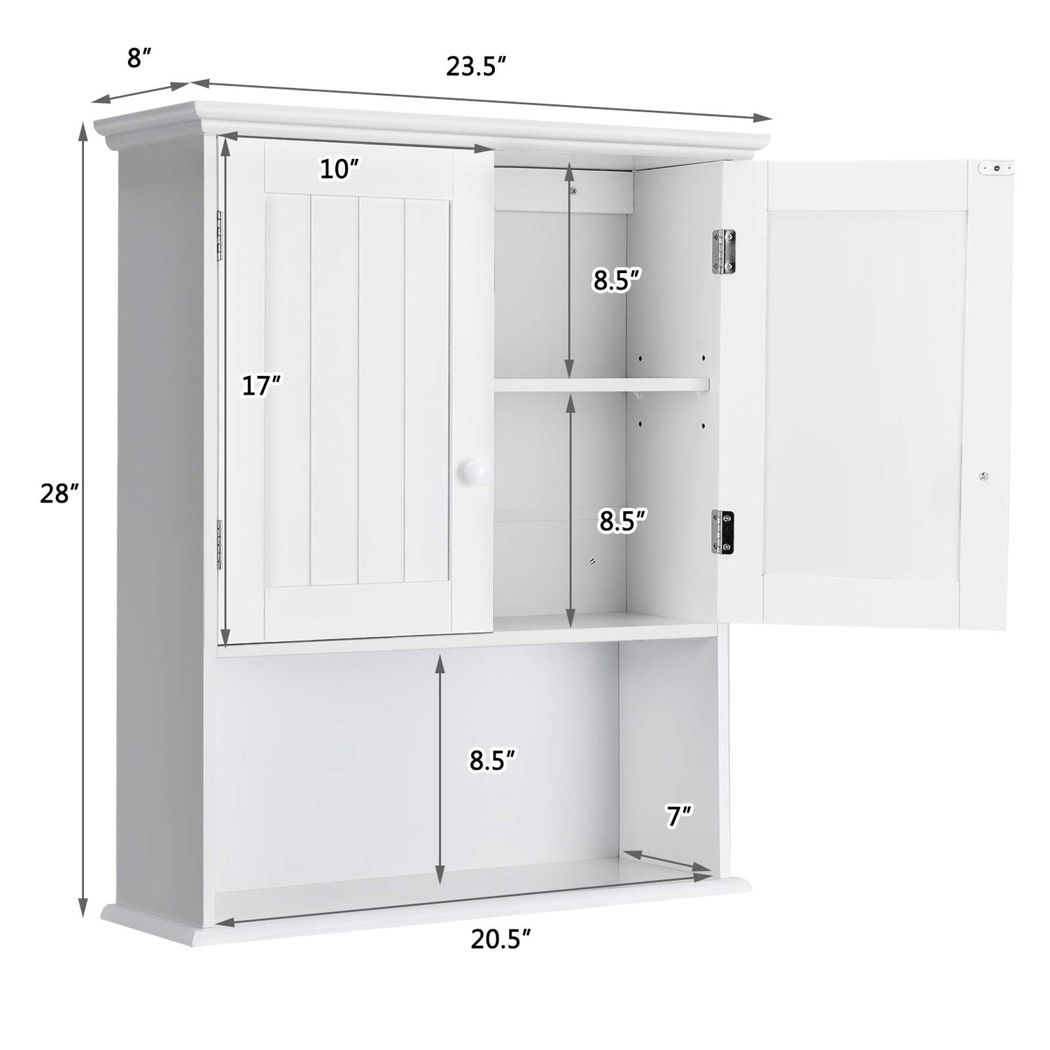 COSTWAY Wall Mounted Bathroom Cabinet, Over The Toilet Storage Cabinet w/Double Doors & Adjustable Shelf, Wood Hanging Medicine Cabinet for Living COSTWAY