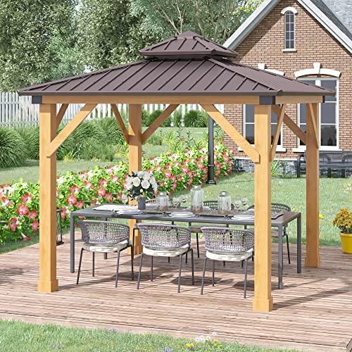 Outsunny 10' x 10' Hardtop Gazebo with Galvanized Steel Double Roof, Wooden Frame, Permanent Pavilion with Ceiling Light Hook, for Garden, Patio,