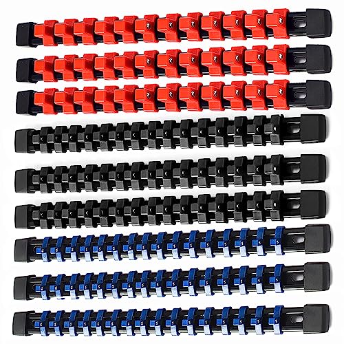 ALOANES 9 PC ABS Socket Organizer, 1/2 inch, 3/8 inch and 1/4 inch Drive Socket Rail Holders, Heavy Duty Socket Racks, Black Rails with Red, Blue and ALOANES