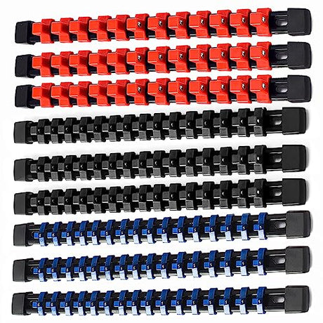 ALOANES 9 PC ABS Socket Organizer, 1/2 inch, 3/8 inch and 1/4 inch Drive Socket Rail Holders, Heavy Duty Socket Racks, Black Rails with Red, Blue and ALOANES