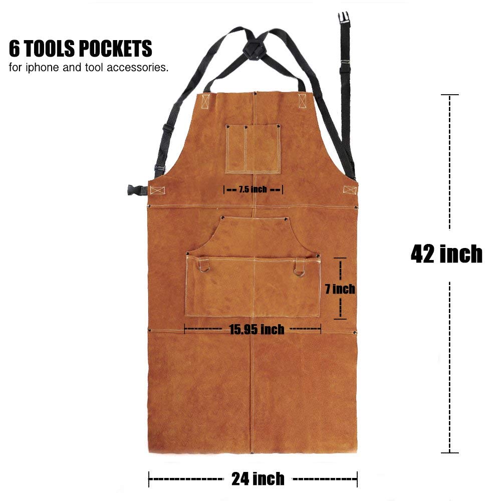 QeeLink Leather Welding Apron with 6 Pockets - Heat & Flame-Resistant Apron, 24'' X 42'', Adjustable M to XXXL - WoodArtSupply