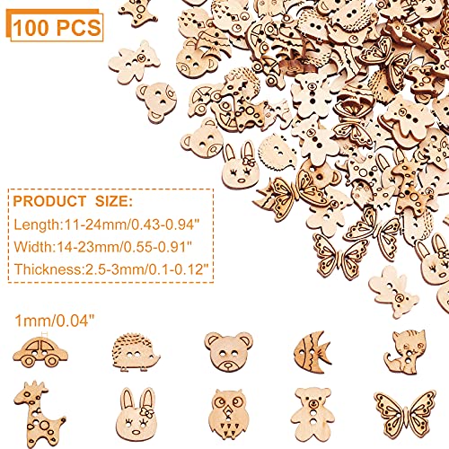 arricraft 100 Pcs Animal Style Wooden Sewing Buttons, 2-Hole Rabbit Butterfly Bear Sewing Buttons, Unfinished Wood Decorative Buttons for Sewing arricraft
