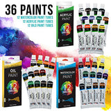 U.S. Art Supply 95 Piece Wood Box Easel Painting Set - Oil, Acrylic, Watercolor Paint Colors and Painting Brushes, Oil Artist Pastels, Pencils - U.S. Art Supply