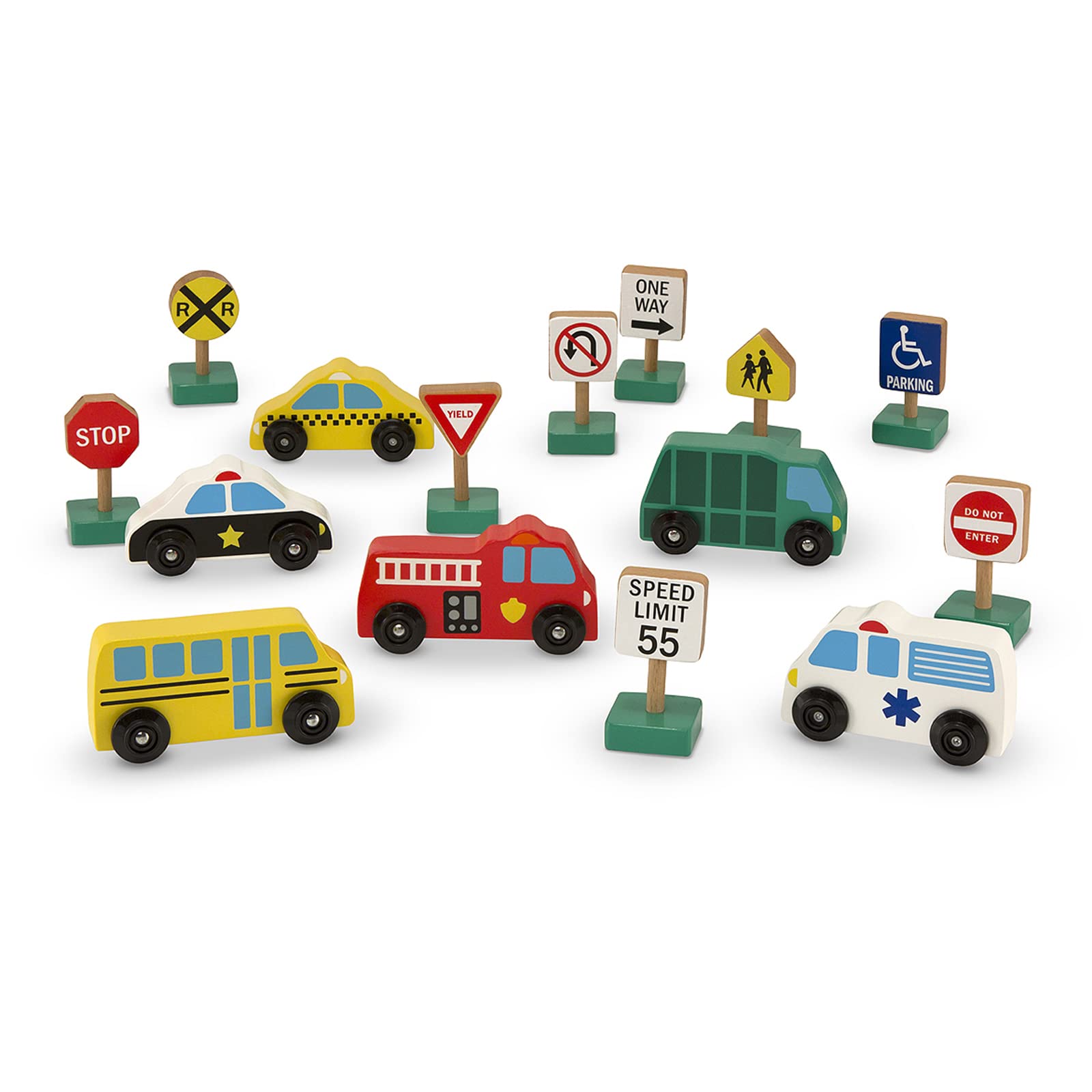 Melissa & Doug Wooden Vehicles and Traffic Signs With 6 Cars and 9 Signs - WoodArtSupply