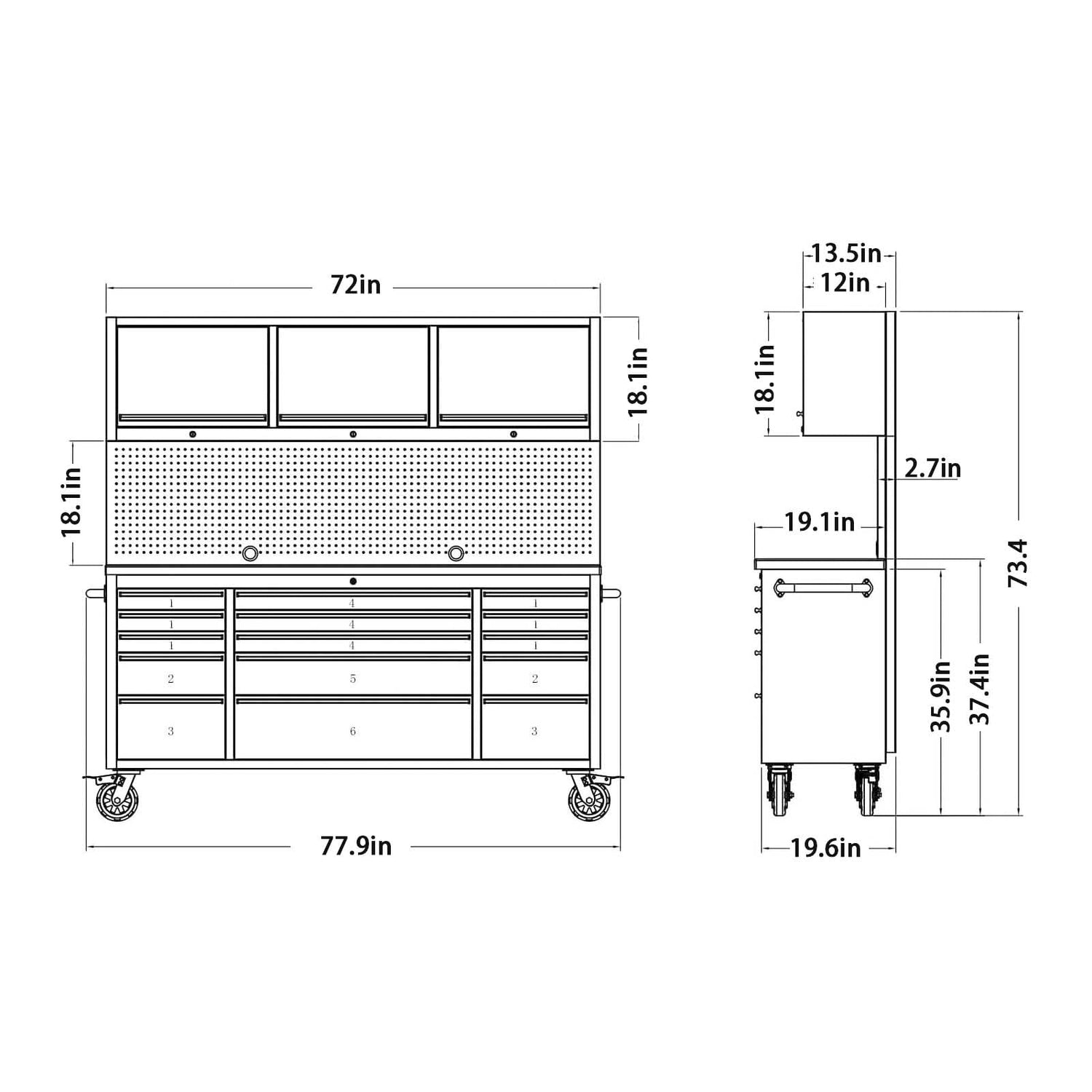 CHETTO C 72" Rolling Tool Box Chest Cabinet 15 Storage Drawers 3 Upper Cabinet Pegboard Large Toolbox with Wheels for Warehouse Basement Home Pantry CHETTO C