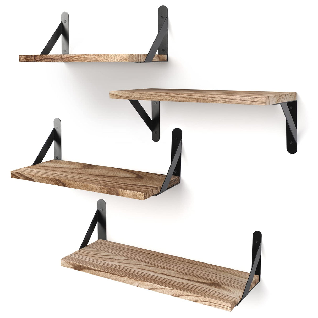 YGEOMER Floating Shelves, Rustic Wood Shelves, 4 Sets of Wall Mounted Shelf for Bathroom Decor, Bedroom, Living Room and Plants (Carbonized Black) YGEOMER