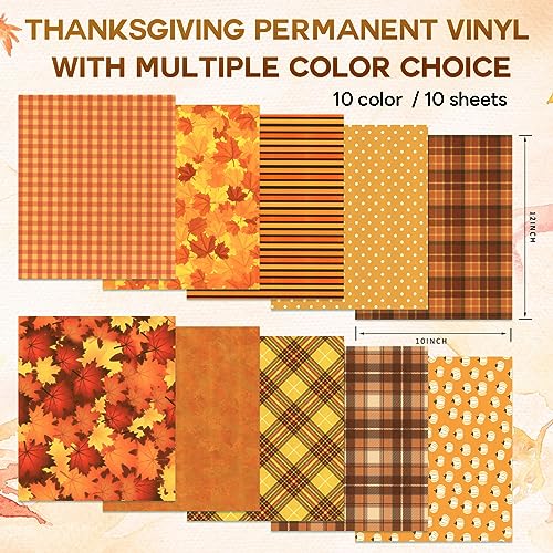 Tintnut Fall Permanent Vinyl - 10 Sheets 12"x10", Orange Autumn Pattern Vinyl Compatible with Cricut Machine, Thanksgiving Patterned Vinyl Sheets for Tintnut