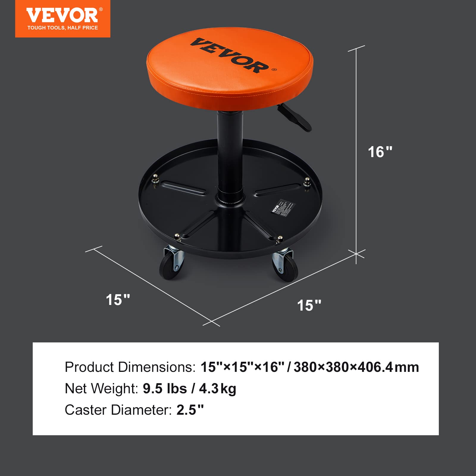 VEVOR Mechanic Stool, 250 LBS Rolling Pneumatic Creeper Garage/Shop Seat, Adjustable Height 16-22 inch in Padded Rolling Workshop Stool with Tool - WoodArtSupply