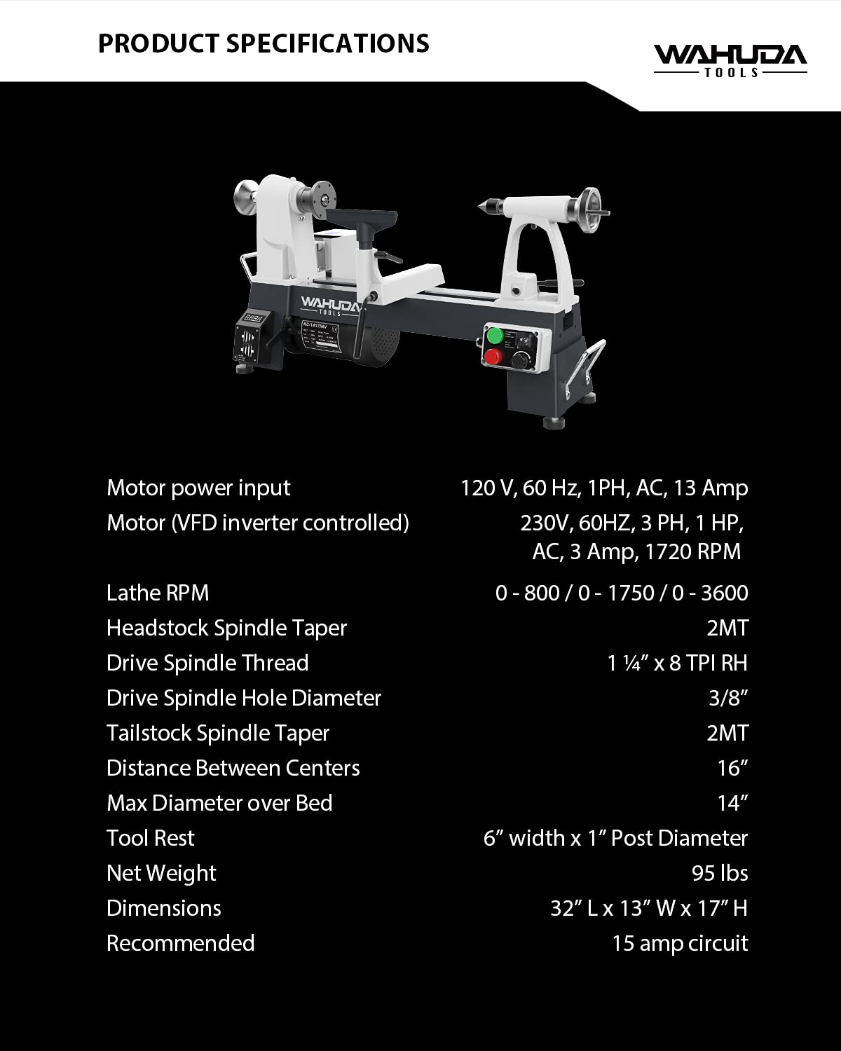 Benchtop 14" Variable Speed Wood Lathe w/induction motor