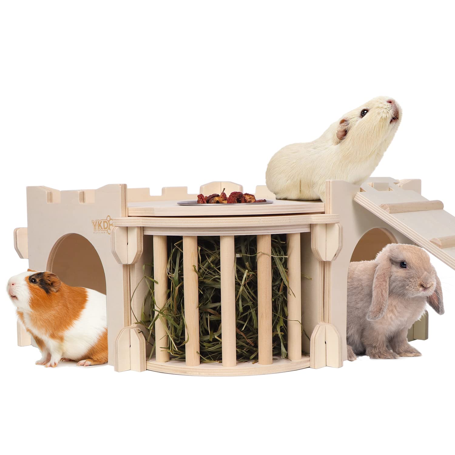 Large Guinea Pig Castle, Natural Wood Rabbit House with Ladder and Hay Feeder, Small Animal Hideout for Rabbit Guinea Pig Hedgehog Chinchilla YKD