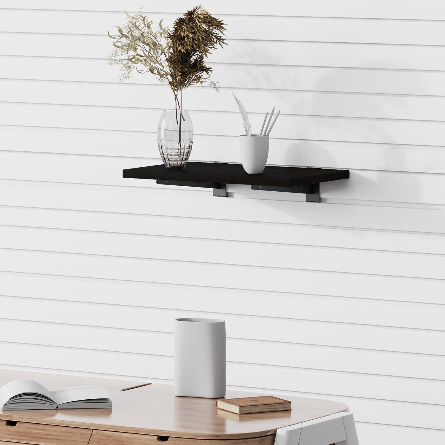 8 Pack Wooden Slatwall Shelf, 15.7 x 5.9 Inch Slatwall Shelves with Metal Brackets Heavy Duty Slat Wall Organizer Slatwall Shelving Accessories for BeapTcely