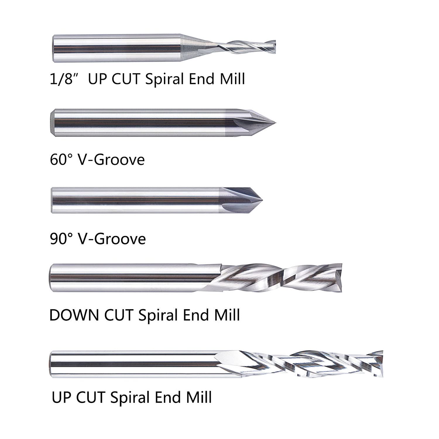 SpeTool 5 Pcs CNC Router Bit Sets Cabide Bit 1/4 Inch Shank Up Down Cut V Groove for Woodwork Beginner Engraving Slot SpeTool