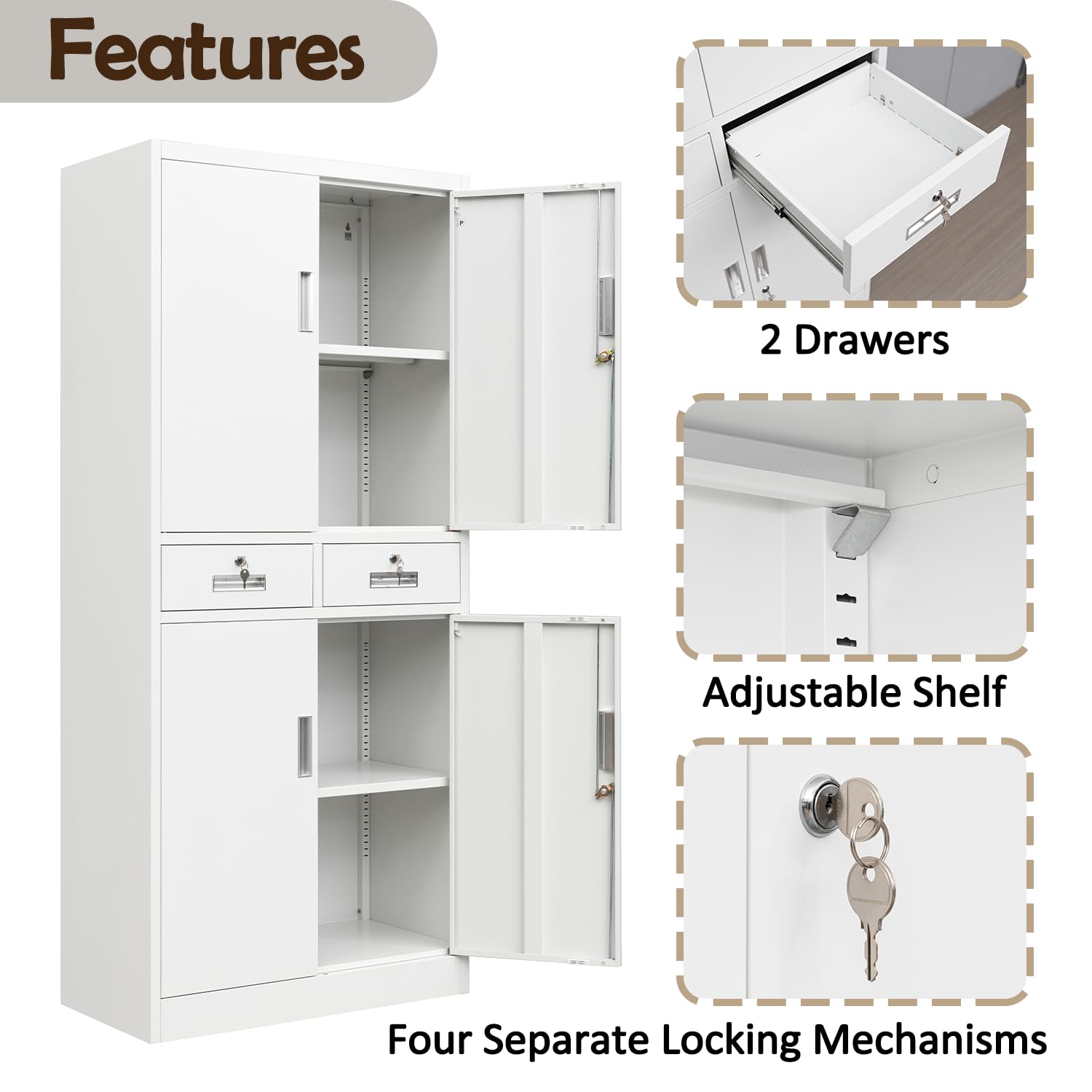 CJF Metal Storage Cabinet with Adjustable Shelves and Drawers, Locking Pantry Storage Cabinet for Office, Garage, Home, School, Utility (White) CJF