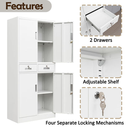 CJF Metal Storage Cabinet with Adjustable Shelves and Drawers, Locking Pantry Storage Cabinet for Office, Garage, Home, School, Utility (White) - WoodArtSupply