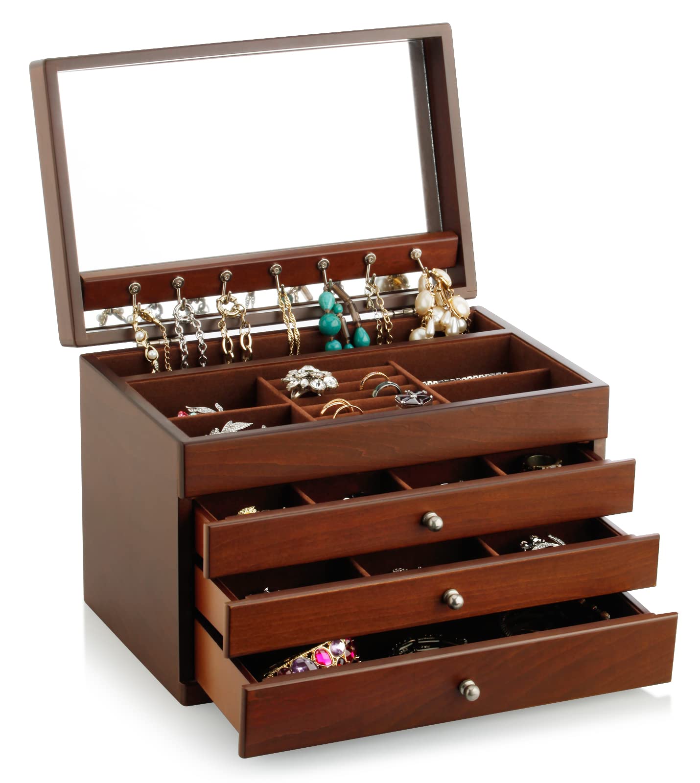 A&A Large Solid Wooden Jewelry Organizer Box with 3 Drawers Storage Case Devices and Mirror for Women Brown - WoodArtSupply