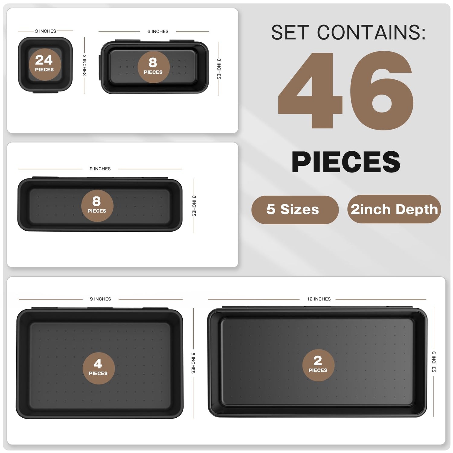 A-LuGei【𝟰𝟲𝗣𝗖𝗦【5 Size】 Tool Box Organizer Tray Divider Set, 【Black】 Desk Drawer Organizer, Garage Organization and Storage Toolbox Accessories Rolling A-LuGei