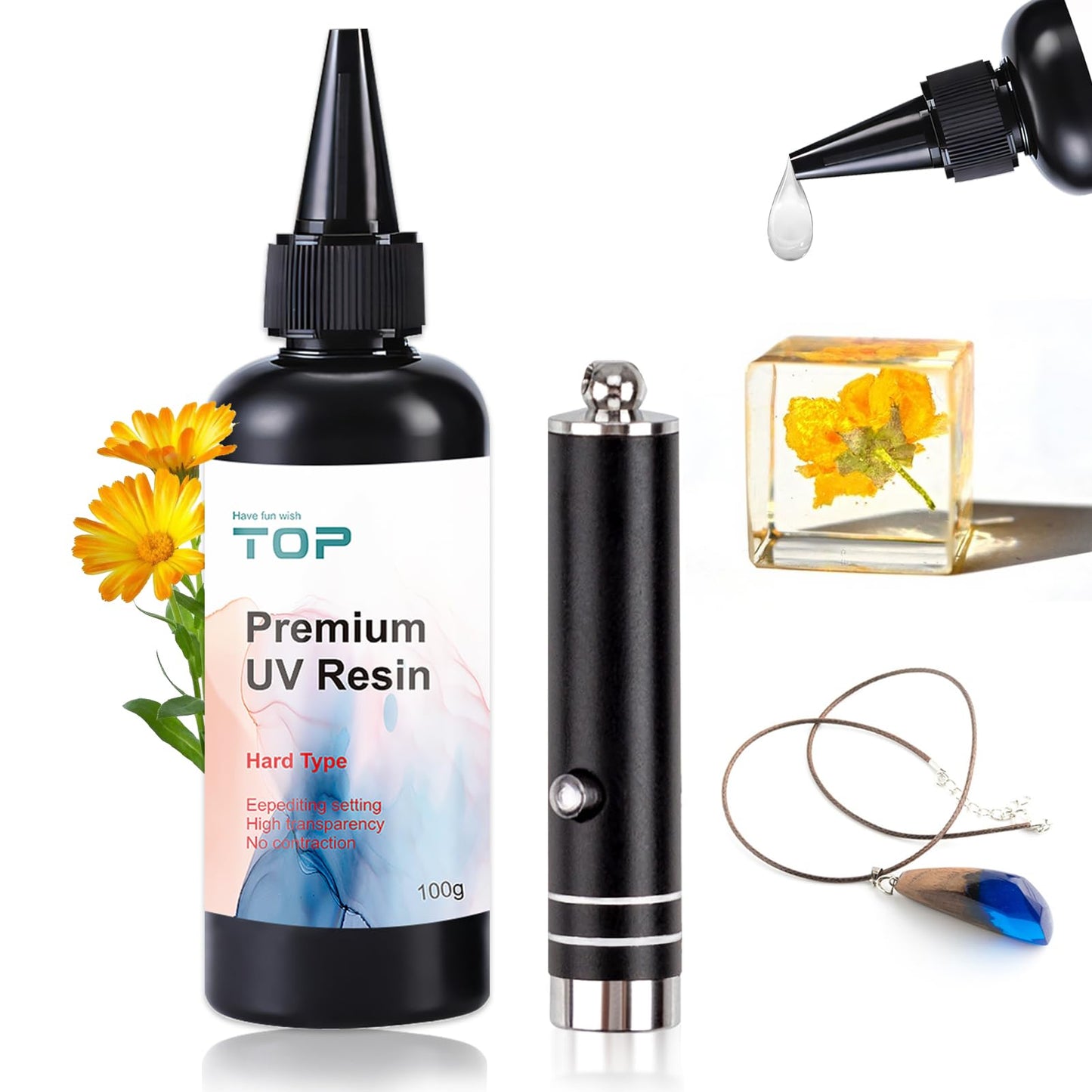 UV Resin Kit with Light, 100g UV Resin, Upgrade Crystal Clear Hard Ultraviolet Epoxy Resin Glue, UV Flashlight, Epoxy Resin Glue for Jewelry Making,