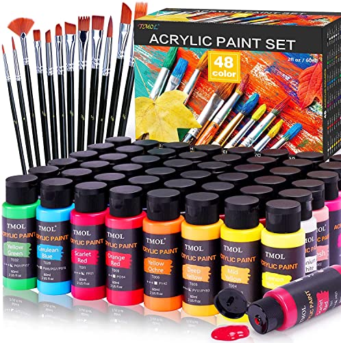 Acrylic Paint Set, 48 Colors (2 oz/Bottle) with 12 Art Brushes, Art Supplies for Painting Canvas, Wood, Ceramic & Fabric, Rich Pigments Lasting - WoodArtSupply