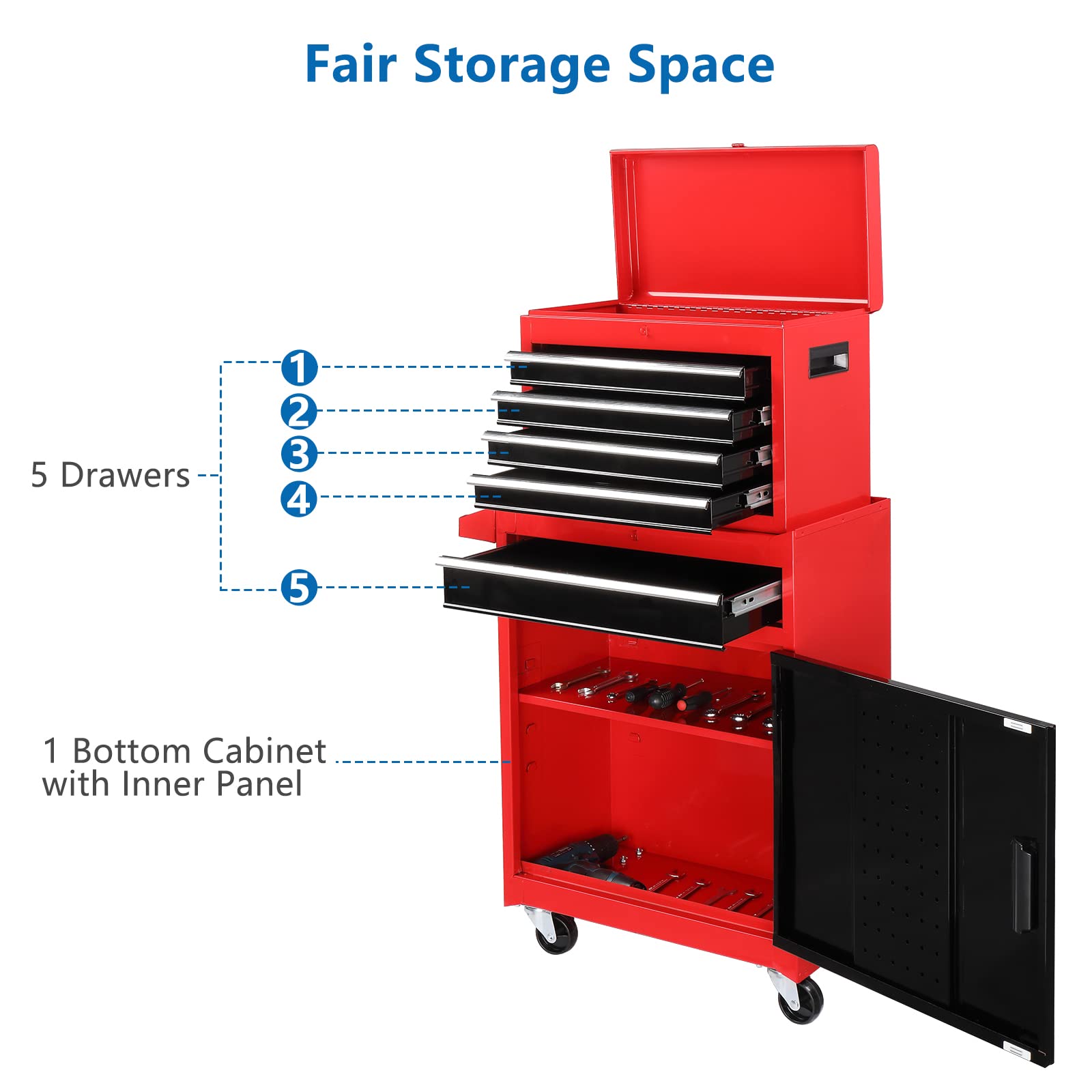 TUFFIOM 5-Drawer Rolling Tool Chest Storage Cabinet w/Drawers, Wheels, Detachable Top & Adjustable Shelf, Mechanic Tool Organizer Box for Garage, - WoodArtSupply