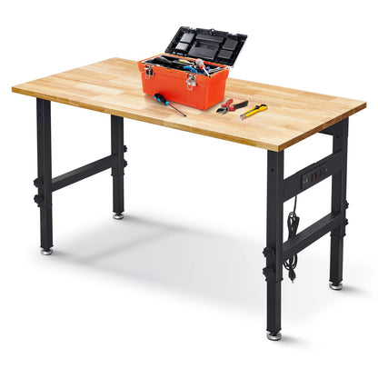 47.2" Adjustable Work Bench, Workbench for Garage with Power Outlet, 2200LBS Load Capacity Hardwood Oak Top Heavy-Duty Work Table for Garage,