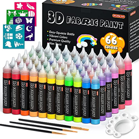 66 Colors Fabric Paint, Shuttle Art 3D Fabric Paint with Stencil and Brushes, Permanent Textile Paint Includes Neon, Metallic, Glitter and Glow in Shuttle Art