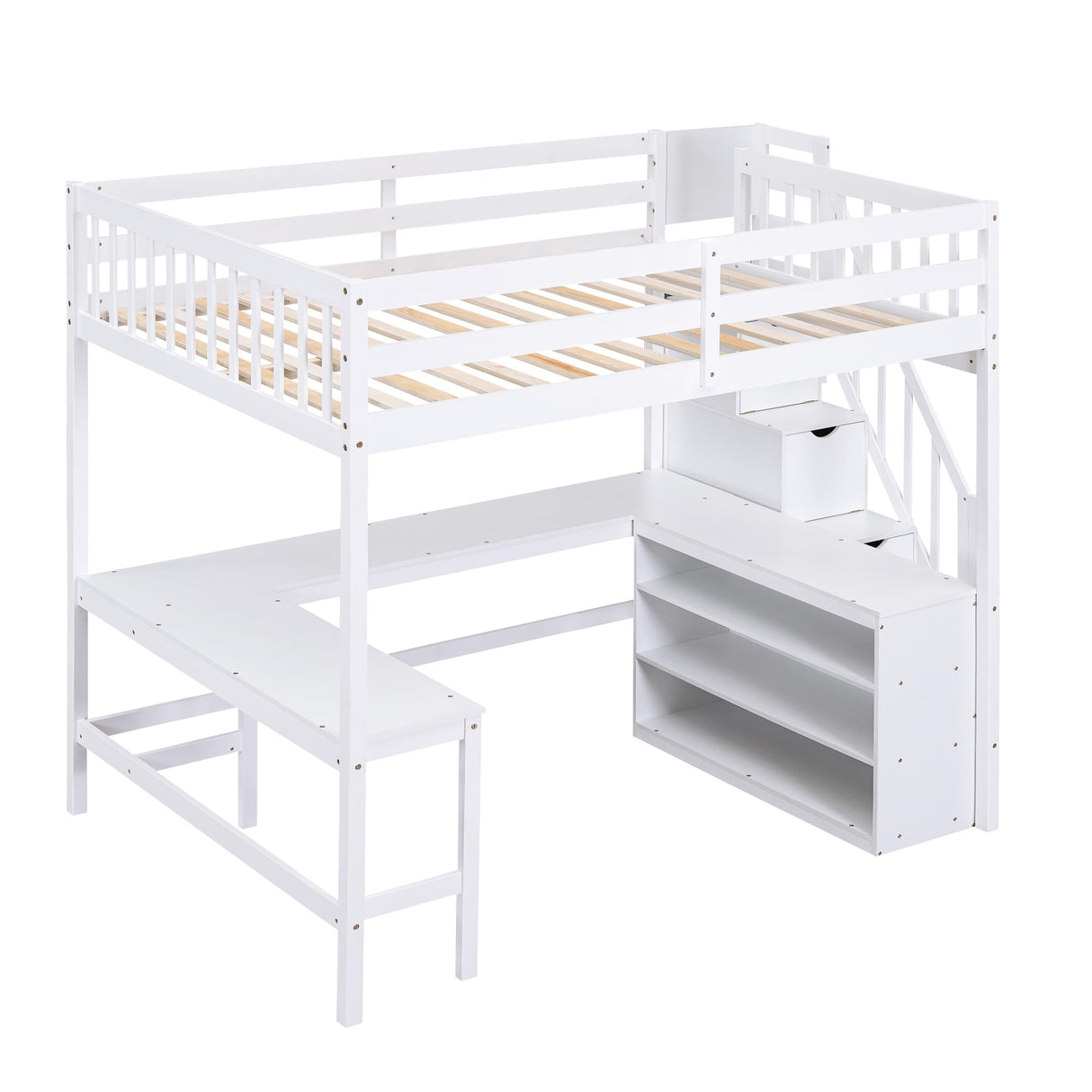 Full-Size White Loft Bed with Desk, Stairs, and Storage for Kids, Teens, and Adults Bellemave