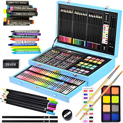 Sunnyglade 145 Piece Deluxe Art Set, Wooden Art Box & Drawing Kit with Crayons, Oil Pastels, Colored Pencils, Watercolor Cakes, Sketch Pencils, Paint