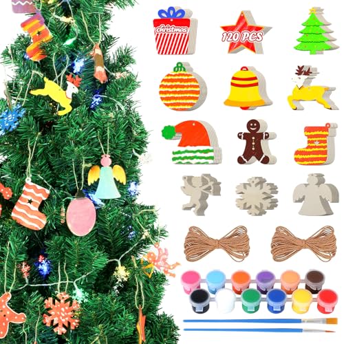 120 Pcs DIY Wooden Christmas Ornaments, Wooden Ornaments to Paint, Xmas Christmas Tree Wood Painting Craft Kit, Festival Holiday Unfinished Wood - WoodArtSupply