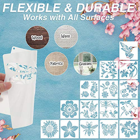 16 Pieces Flower Stencil for Painting Bee Sunflower Butterfly Spring Stencil Large Template Reusable Summer Painting Stencil and Metal Open Ring for Zonon