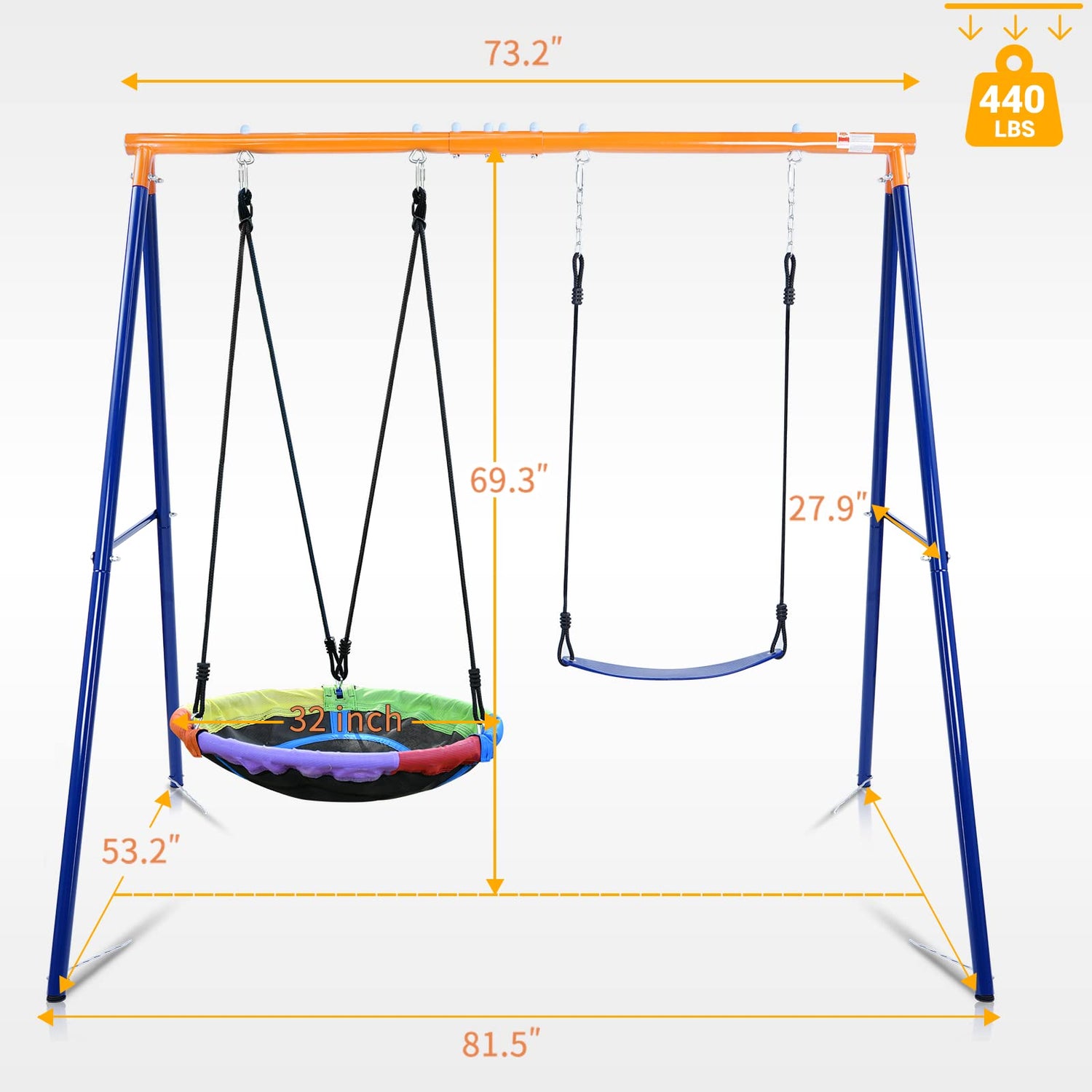 Swing Set for Backyard, 440lbs Swing Set with Heavy-Duty A-Frame Metal Outdoor Swing Stand, 1 Saucer Swing Seat & 1 Belt Swings Seat Lunafun