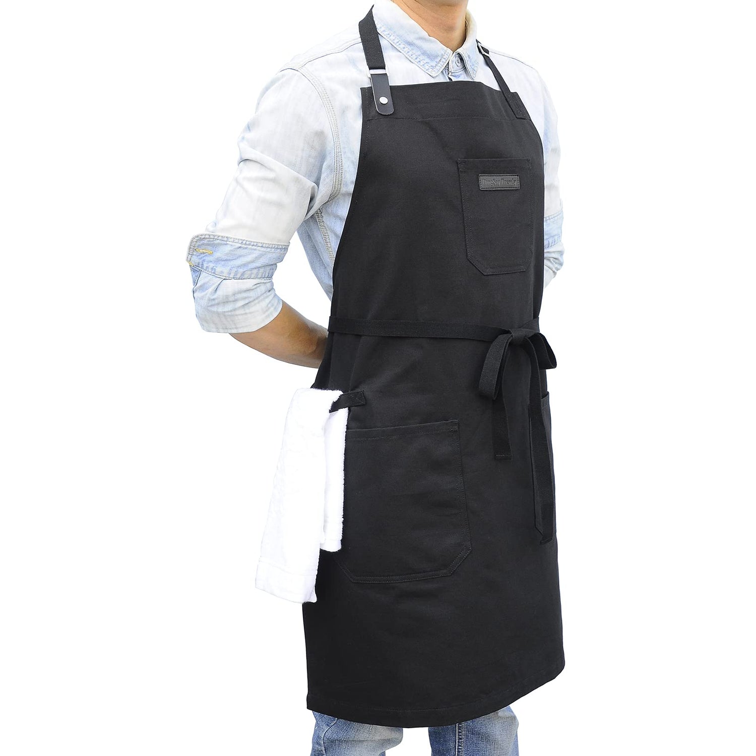 DingSay Trendy Black Cotton Kitchen Apron, Mens Womens Professional Cooking Bib Apron for Chef Grill BBQ, with Pockets Towel Loop and Adjustable Neck DingSay Trendy