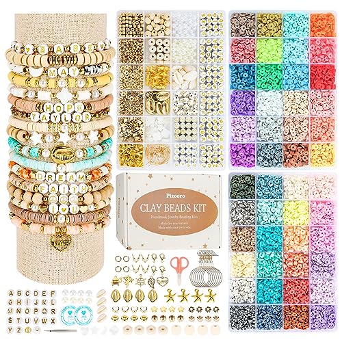 Pizooro Clay Beads 3 Boxes Bracelet Making Kit, 10500pcs Beads for Jewelry Making, Round Letter Beads with Charm and Elastic Strings, Friendship Pizooro