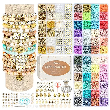 Pizooro Clay Beads 3 Boxes Bracelet Making Kit, 10500pcs Beads for Jewelry Making, Round Letter Beads with Charm and Elastic Strings, Friendship Pizooro
