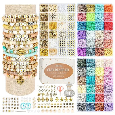 Pizooro Clay Beads 3 Boxes Bracelet Making Kit, 10500pcs Beads for Jewelry Making, Round Letter Beads with Charm and Elastic Strings, Friendship