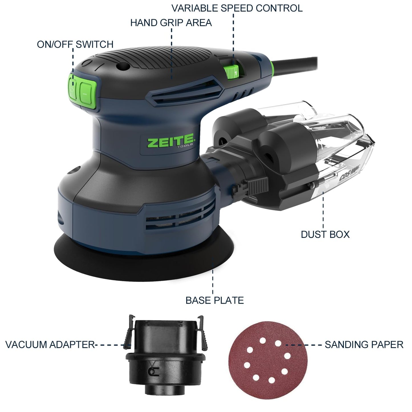 ZEITE 5 Inch Random Orbital Sander, 3.0 Amp Sander Tool for Woodworking, Variable Speed 5000-12000 OPM, 10 Feet Cord, Cyclonic Dust Box, Vacuum - WoodArtSupply