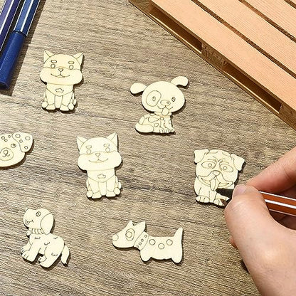 LiQunSweet 100 Pcs 9 Styles Random Animal Dog Puppy Blank Wooden Slices Charms Unfinished Wood Cutouts for Children Girl Boy DIY Craft Toy Painting