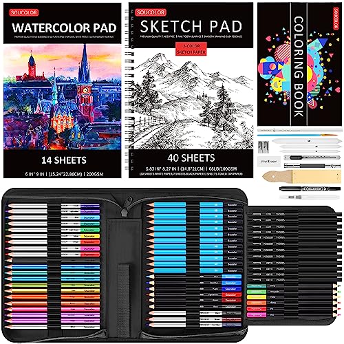 Soucolor Art Kit, 76 Pack Pro Art Supplies for Adults Kids, Drawing Supplies Sketching Art Set with 3-Color Sketch Book, Watercolor Pad, Coloring