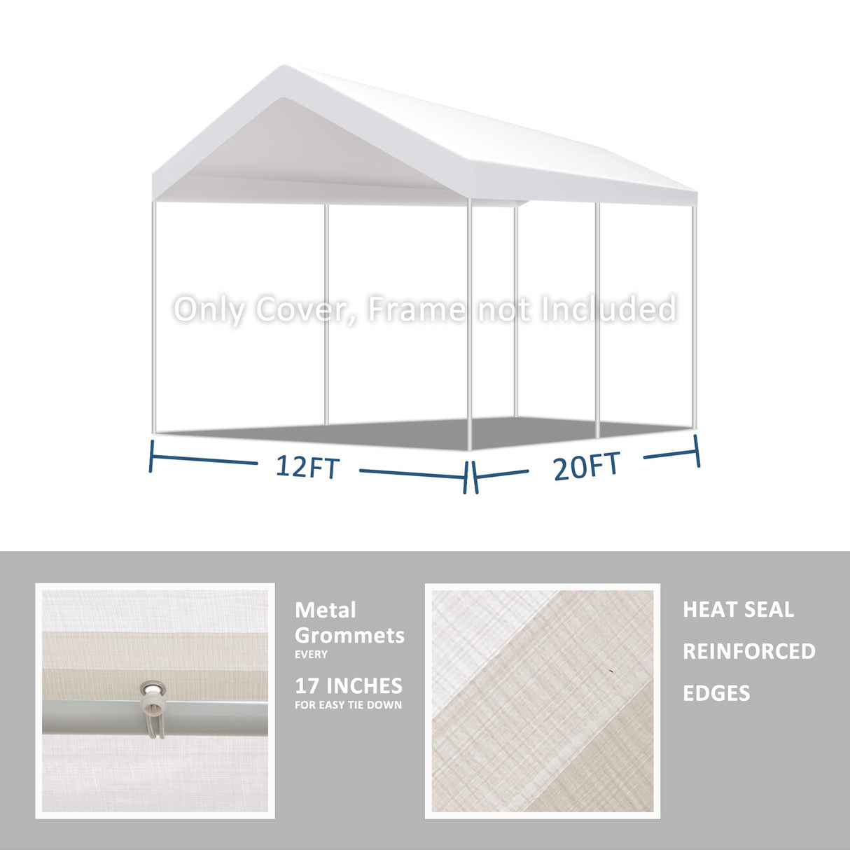 TGEHAP 12'x20' Carport Replacement Canopy Cover for Tent Car Garage Shelter Top Tarp Cover with Ball Bungees (Only Only Top Cover, Frame is not TGEHAP