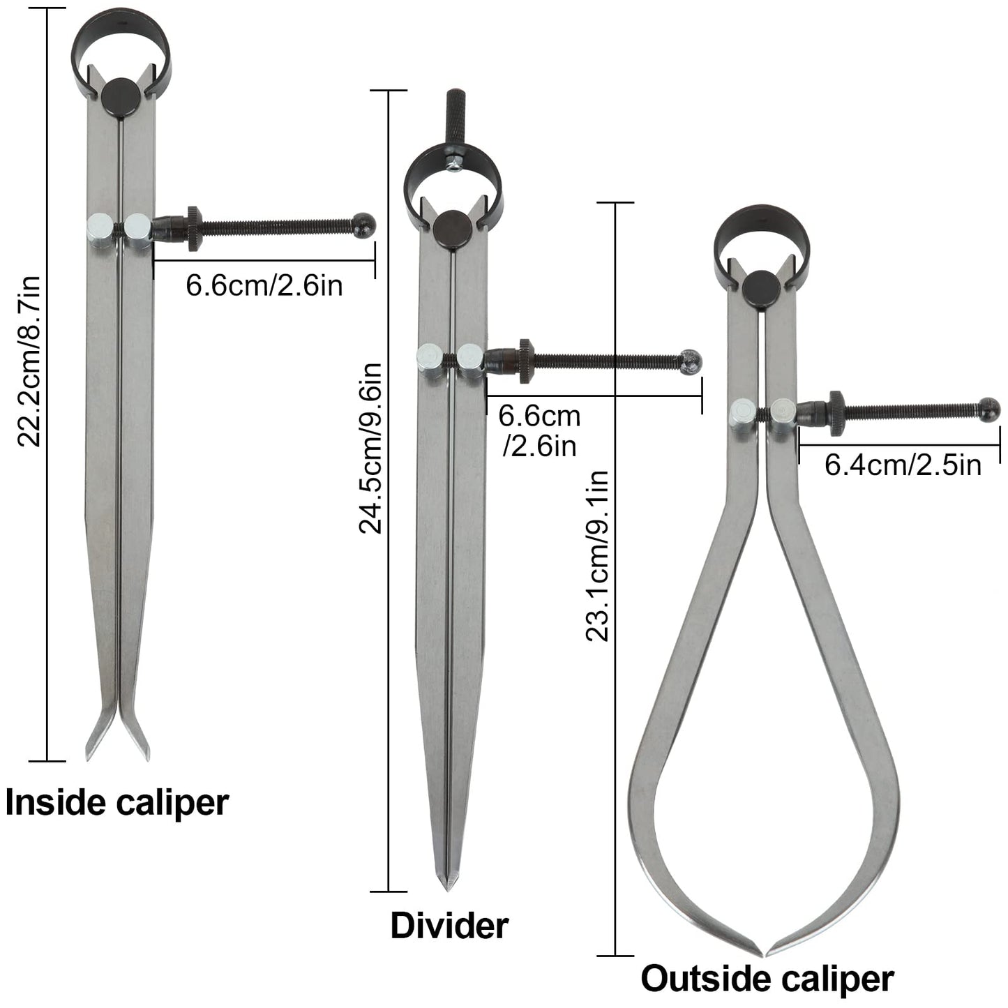 3 Piece Spring Caliper / Divider Set, 8 inches Inside Spring Outside Divider Caliper Set, Calipers Measuring Tool for Wood Turning Lathe Projects - WoodArtSupply