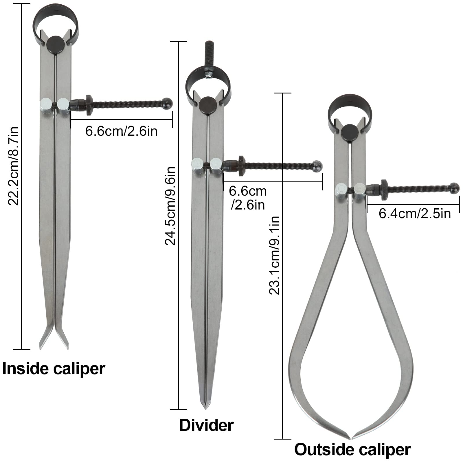 3 Piece Spring Caliper / Divider Set, 8 inches Inside Spring Outside Divider Caliper Set, Calipers Measuring Tool for Wood Turning Lathe Projects - WoodArtSupply