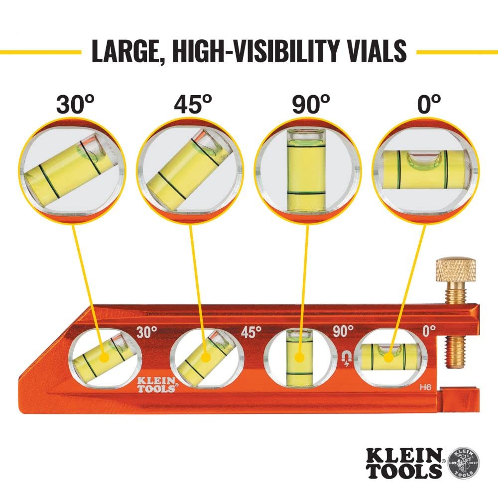 Klein Tools 935AB4V Level, 6-Inch Magnetic Torpedo and Conduit Level with 0/30/45/90 Degree Vials, V-Groove and Magnet Track, High Visibility Orange - WoodArtSupply