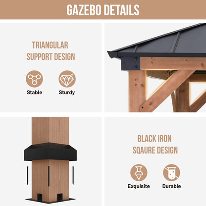 ABCCANOPY Wood Gazebo 11x11 - Outdoor Patio Wooden Gazebo with Hardtop Metal Double Roof for Garden, Backyard and Deck