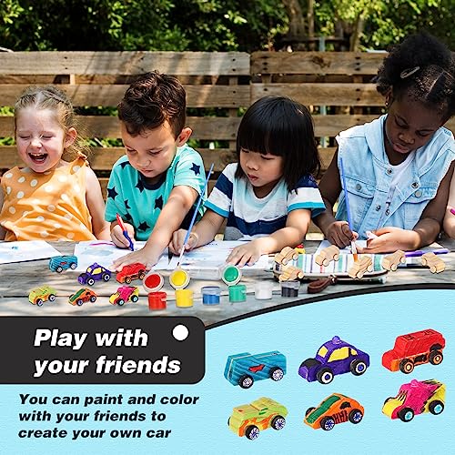 Lenwen 24 Pcs Wood DIY Car Toys for Party Unfinished Wooden Cars, Wooden Toy Cars Wooden Crafts with 12 Color Acrylic Paint for Students Girls Boys Lenwen
